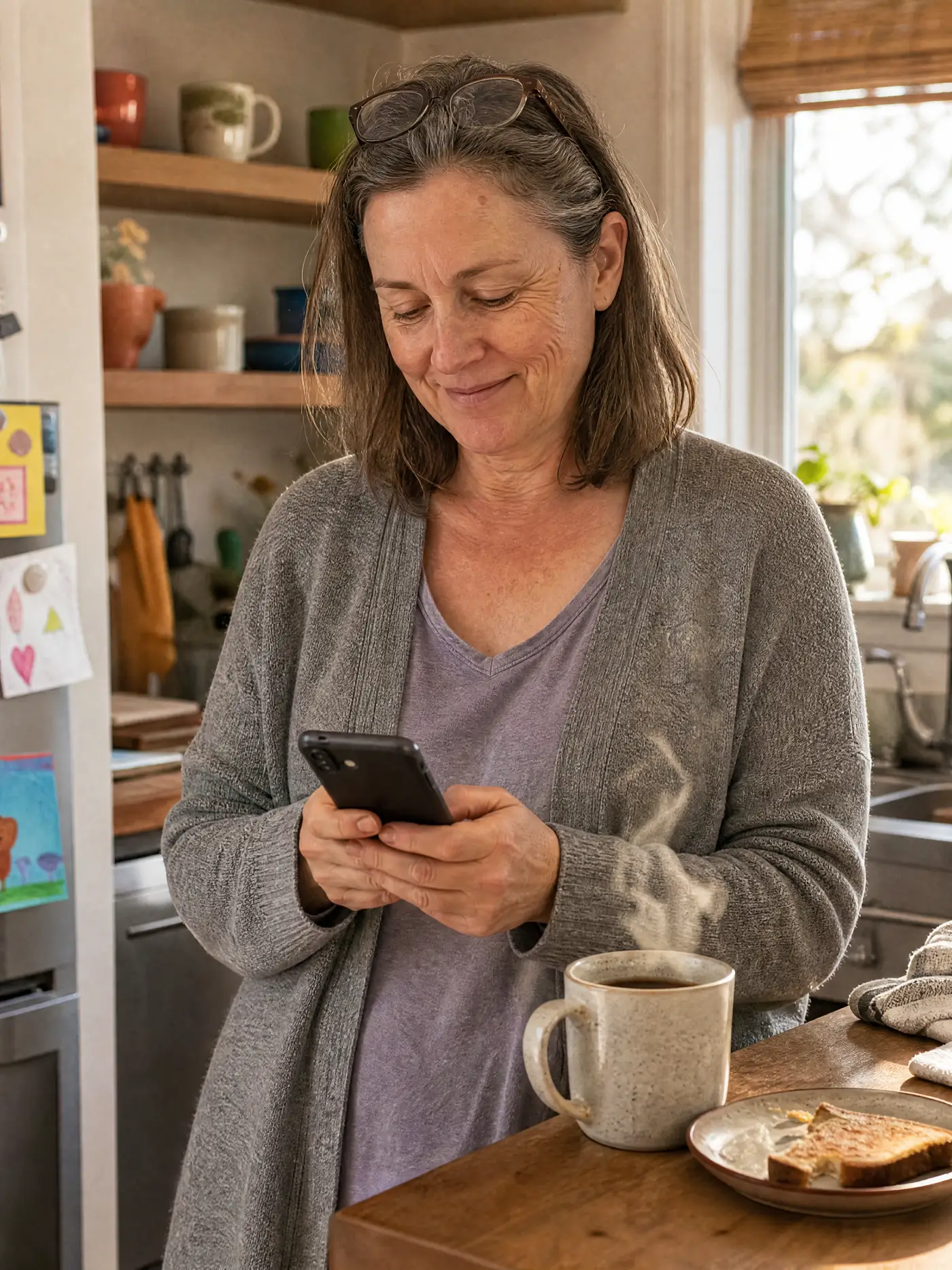 A woman at her kitchen counter in morning light, smiling at a check-in from her accountability partner